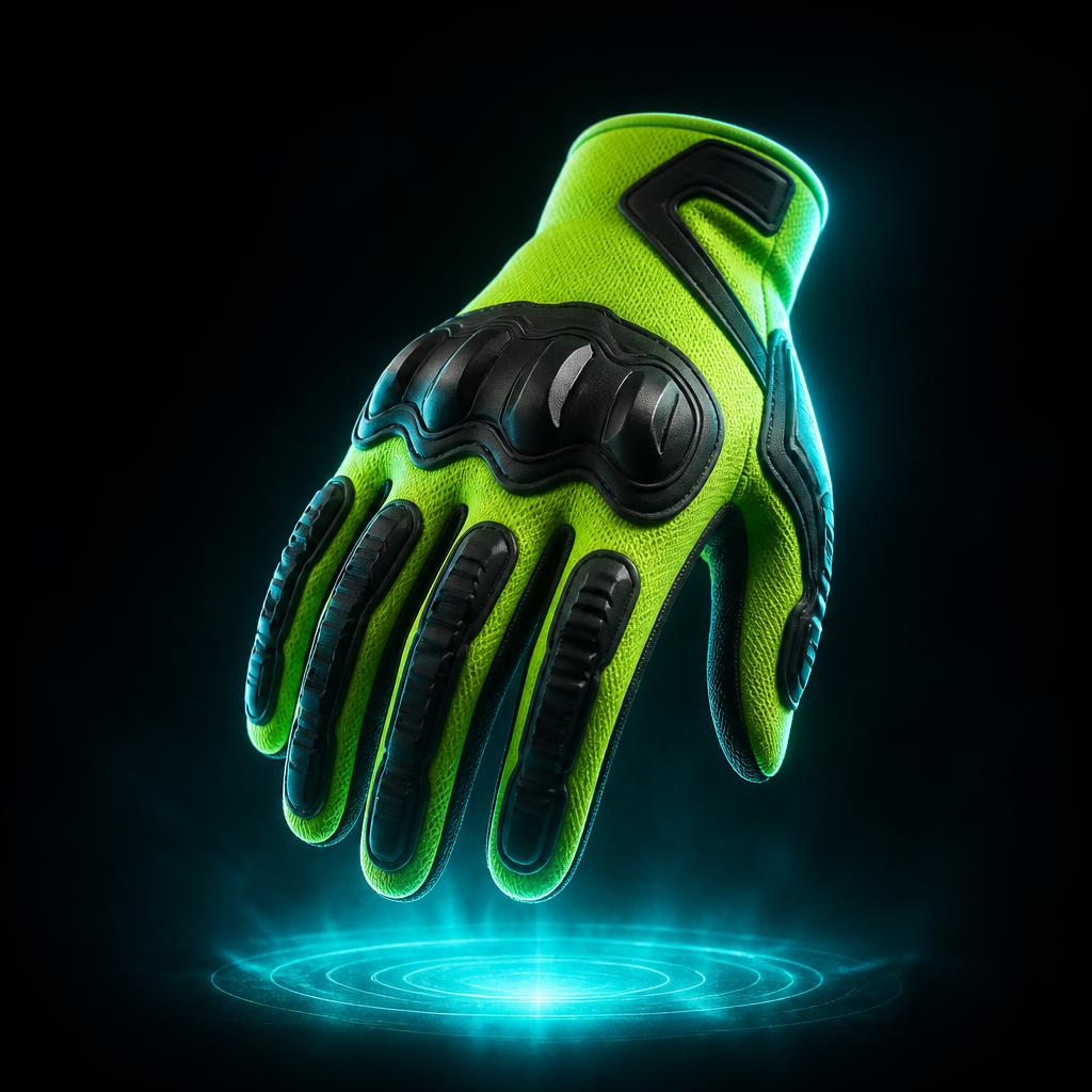 Neon lime impact-resistant glove with armoured knuckle guards
